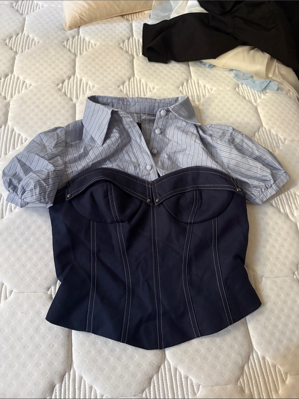 Two-Tone Navy Bustier Shirt with Light Blue Striped Collar
